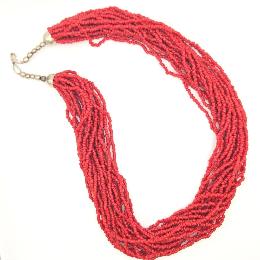 Vintage Multi Strand Necklace Red Faux Coral Glass Seed Bead Silver Tone 21 Inch